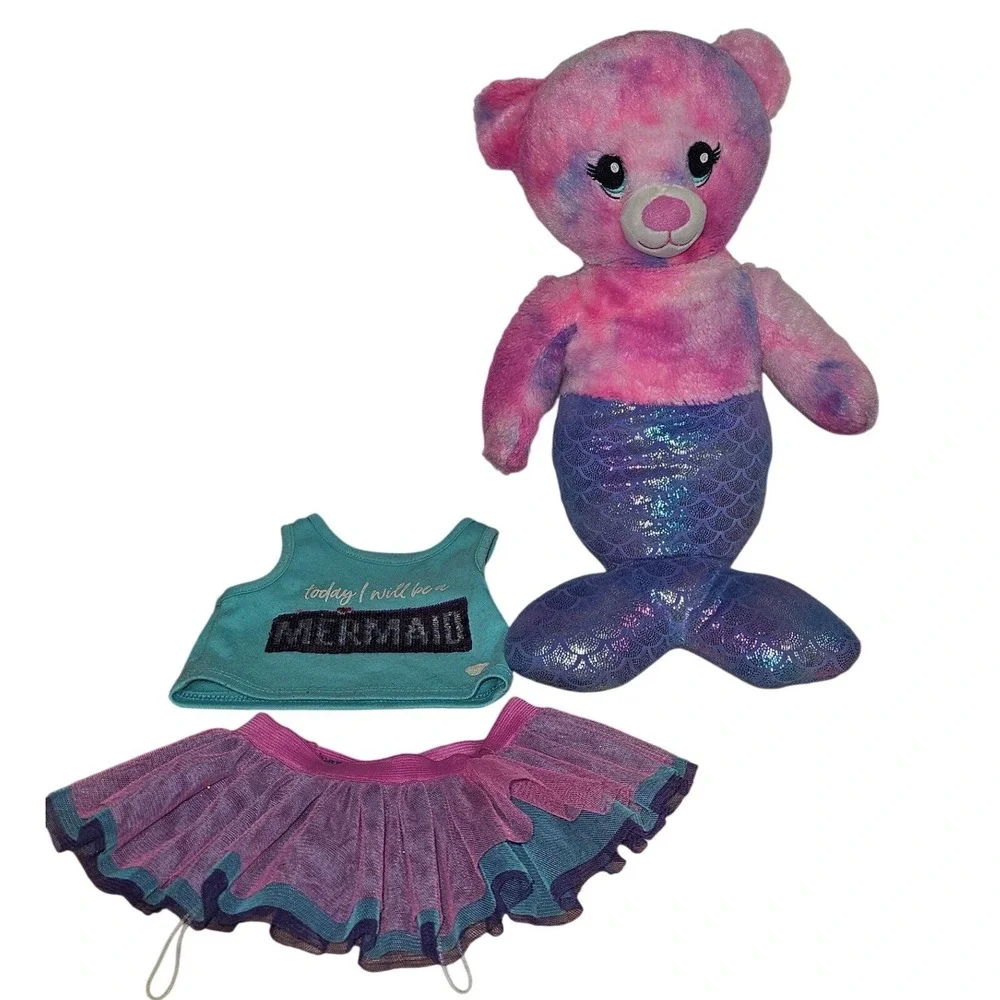 Build-A-Bear Workshop Mermaid Bear Pink Purple Tie‎ Dye Plush with Outfit Set